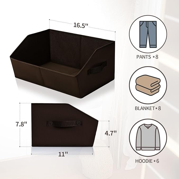 Homsorout Closet Baskets for Shelves Trapezoid - Decorative Storage Baskets with Handle, Closet Bins for Organization, Shelf Storage Bins for Clothes, Books, Home, Office, 3 Pack, Brown