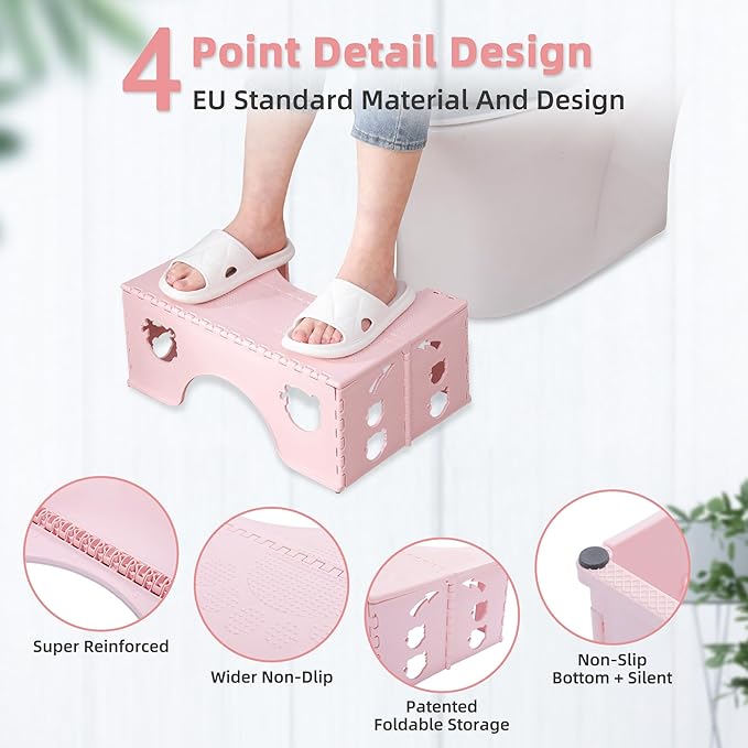 7inches Foldable Toilet Stool (Pink), Ergonomic Squatting Aid with Non-Slip Feet for Improved Bowel Movement, A Good Helper to Effective Relief of Constipation, Easy to Storage Toilet Squat Stool