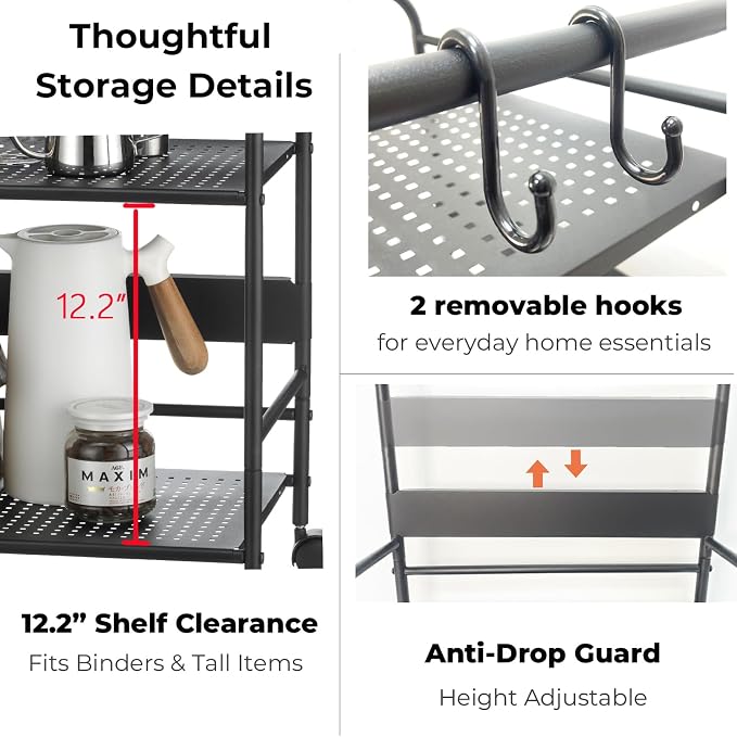 2-Tier Metal Rolling Cart, Under Desk Storage with 12.2" Shelf Clearance, Anti-Drop Guard & Hooks, Compact Utility Cart for Kitchen, Office, Laundry, Bathroom, Pantry, Living Room - Black