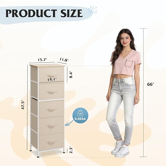 WLIVE Fabric Dresser, 5-Drawer Tall Dressers for Bedroom, Storage Dresser Organizer with Fabric Bins, Wood Top, Sturdy Steel Frame, Chest of Drawers for Closet, Hallway, Cream White