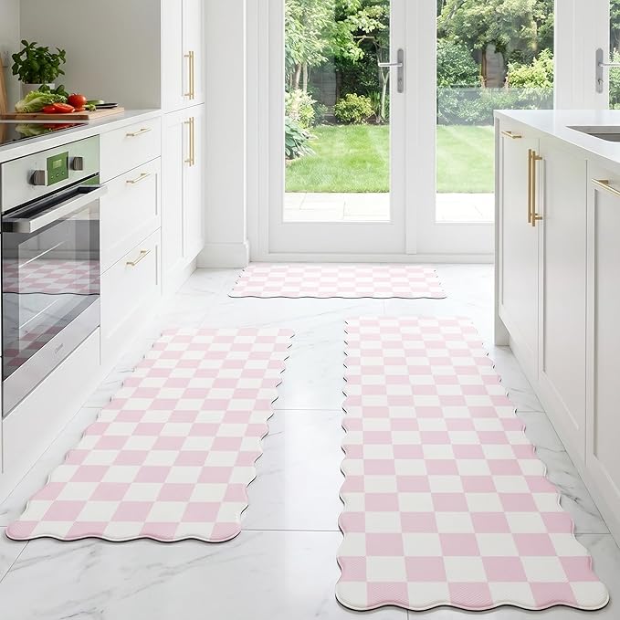 Scalloped Pink Checkered Grid Checkerboard Kitchen Rug Sets [3 PCs], Anti-Fatigue, Waterproof Non-Slip Kitchen Mats Heavy Duty Ergonomic Comfort Foam Rug for Floor, Laundry,17"x29"/47"/59"