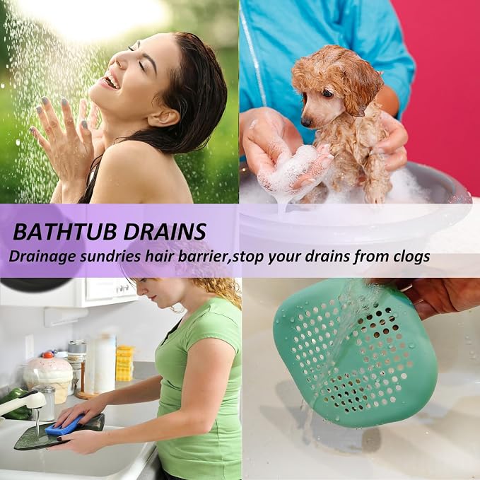 Hair Drain Catcher,Square Drain Cover for Shower Silicone Hair Stopper with Suction Cup,Easy to Install Suit for Bathroom,Bathtub,Kitchen 2 Pack (Purple Green)