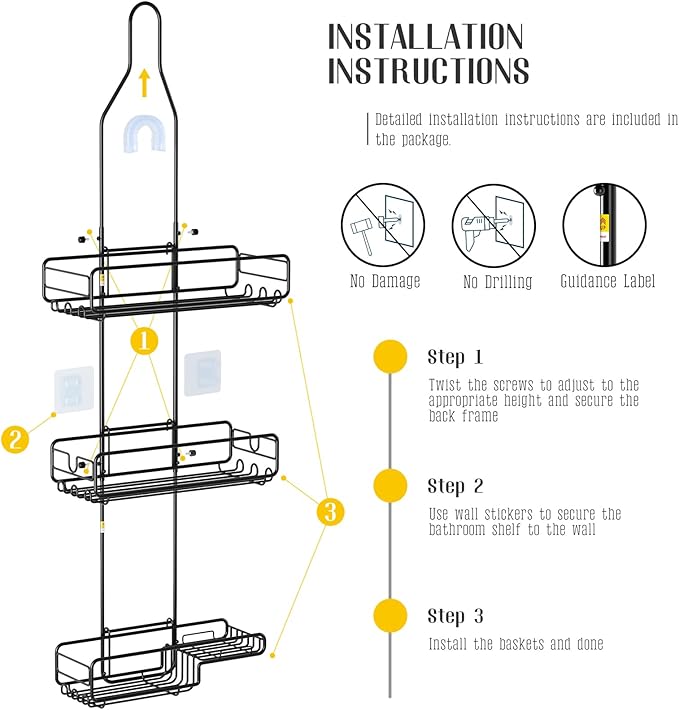 Shower Caddy Hanging Bathroom Organizer: Over Head Adjustable Rack for Tall Showerhead - Extra Large Storage Shelf for Big Shampoo Bottles with Soap Holder