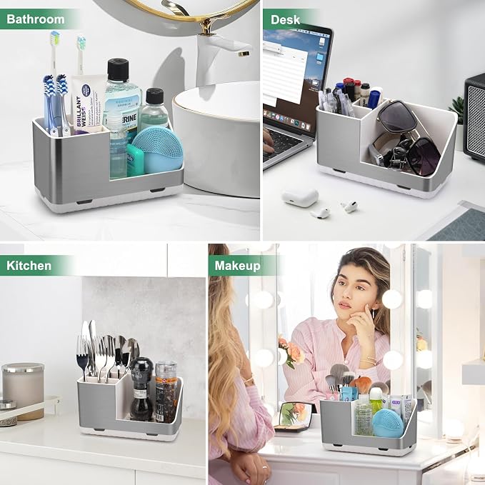 PARKMANI Toothbrush Holders for Bathroom Countertop Organizer, Brushed Nickel Tooth Brush Holder, Kids Electric Toothbrush and Toothpaste Holder with Drainage (Brushed Silver)
