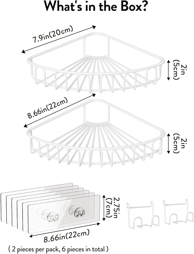 Orimade Corner Shower Caddy with 2 Hooks Wall Mounted Metal Bathroom Shelf Storage Organizer Adhesive No Drilling 2 Pack, White Only for 90-Degree Corner
