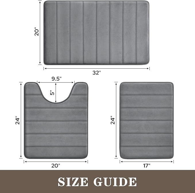 BYSURE Dark Grey Memory Foam Bathroom Rug Set 3 Piece, Non Slip Extra Soft Absorbent Machine Washable Toilet Bath Toilet Mat (17"x24"+20"x32"+U Shape 20"x24")