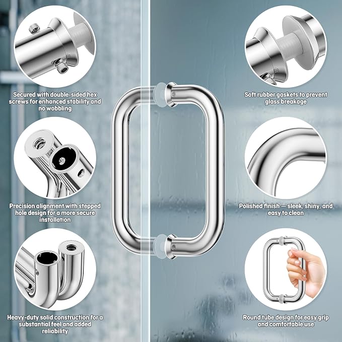 Ranbo Polished Chrome 6" （CTC） Tubular Back-to-Back Shower Door Handle，Heavy-Duty 1.0mm Thick 304 Stainless Steel, for 1/4"- 1/2" Thick Glass and 1-3/8" - 2-1/6" Thick Wooden or Metal Doors
