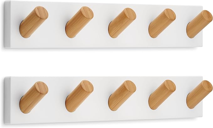 LARHN Wall Mounted Coat Rack, White with 5 Heavy-Duty 1" Diameter Hooks (2-Pack), 16.5" - Wall Hook Rack - Modern Scandinavian Home Decor