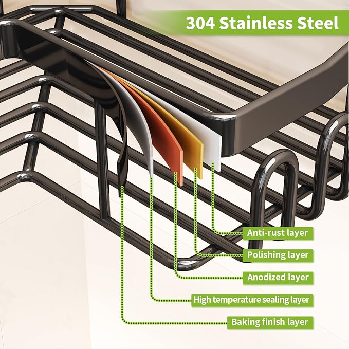 Corner Shower Caddy with Soap Holder, 2 Pack Stainless Steel Corner Shower Organizer with 11 Hooks, No Drilling & 6 Strong Adhesives Corner Shower Shelf Bathroom Organizer for Shower Room, Black