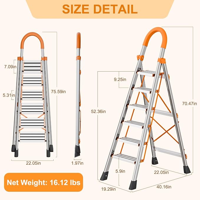 6 Step Folding Ladder, Step Stool with Wide Anti-Slip Pedal, Sturdy Steel Ladder, Convenient Handrail, Lightweight, Portable for Home, Kitchen, Garage