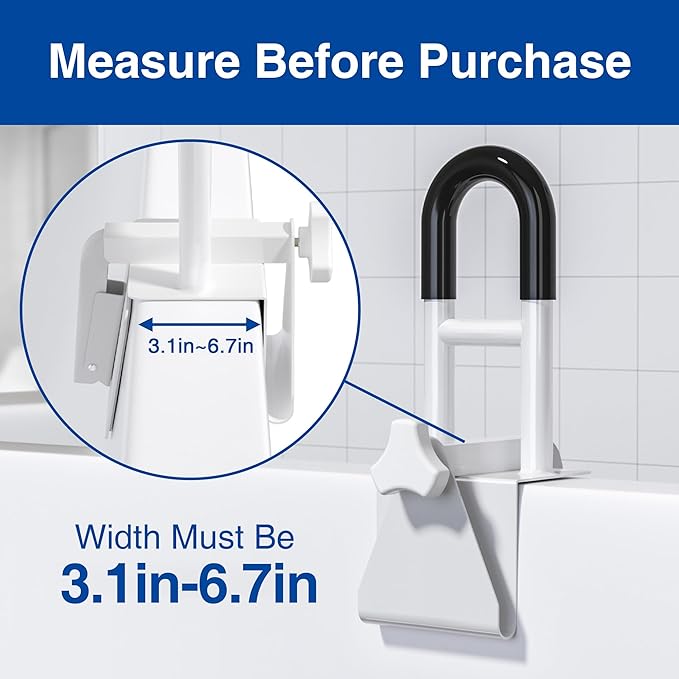 Bathtub Safety Rail, Bathtub Handle Grab Bar with Non-Slip Grip for Seniors, Elderly, Fits 3.1 to 6.7 Inch Tub Walls, Supports 300 lbs