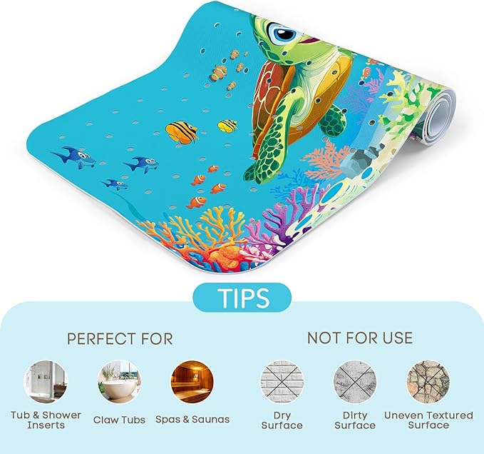 SHUCHING Baby Bath Mat for Tub Non Slip-40 X 16 Inch, Bathtub Mat Non Slip for Kids, Toddler Long Shower Mat for Bathroom, Sea Turtle