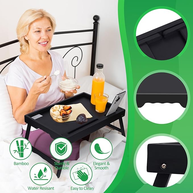 Artmeer Bed Tray Table with Folding Legs, Bamboo Breakfast Food Tray with Media Slot, Use As Platter, Laptop Desk, Snack, TV Tray Kitchen Serving Tray (Black Extra-Large Size)