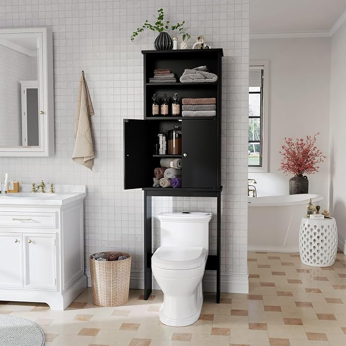 Over the Toilet Storage Cabinet for Bathroom, 75in Black Over Toilet Cabinet Freestanding Storage Organizer, Space Saver with Doors and Adjustable Shelf, Black