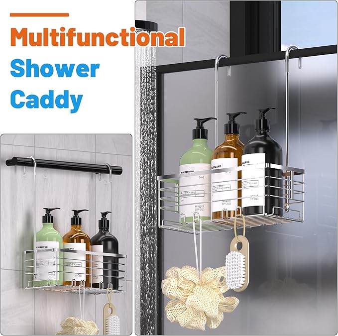 YUOROS Shower Caddy Hanging, Over the Door Shower Organizer Rack 304 Stainless Steel Rustproof Bathroom Storage Shampoo Holder Basket (Silver)