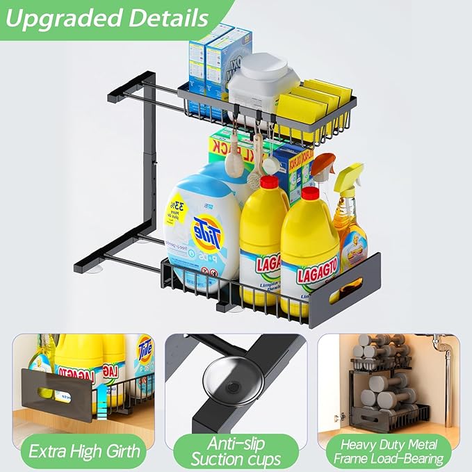 Adoymiro Under Sink Organizer, Adjustable Shelves, 2 Pack Pull Out Cabinet Organizer Slide Out Sink Shelf Cabinet Storage Shelves, Under Sink Storage for Kitchen Bathroom Cabinet
