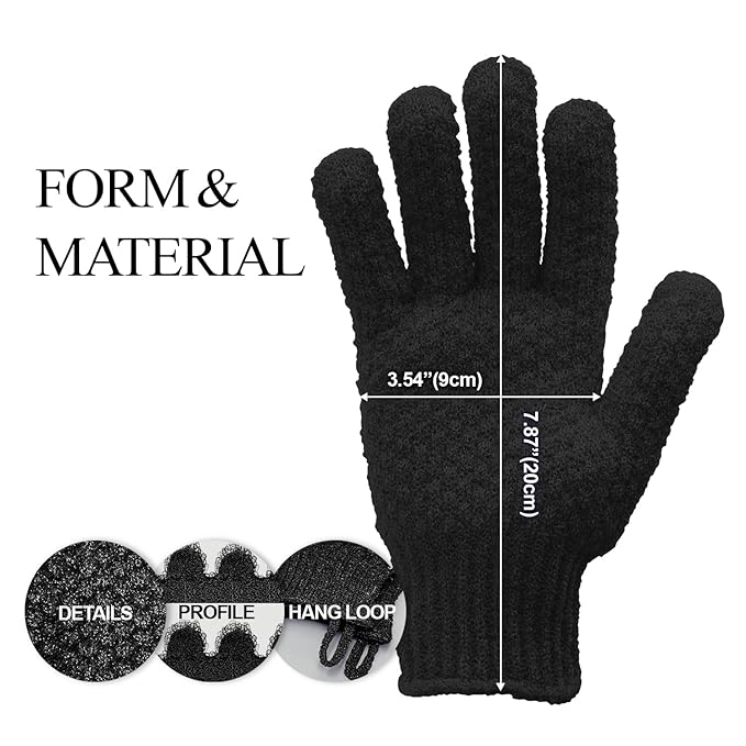 Evridwear Exfoliating Dual Texture Bath Gloves for Shower, Spa, Massage and Body Scrubs, Dead Skin Cell Remover, Gloves with Hanging Loop (1 Pair Black Heavy Glove)