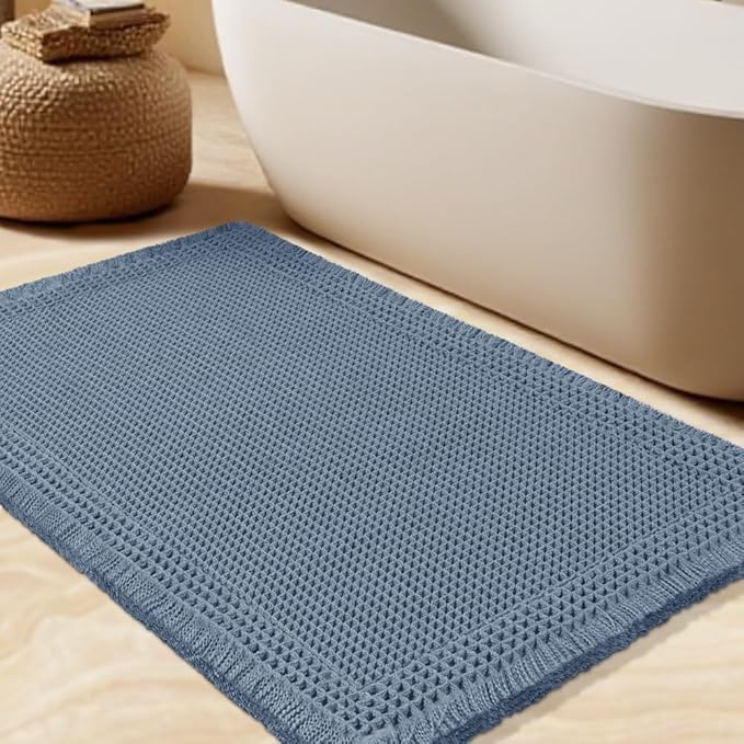 IM HOME Upgrade Waffle Bath Mat, Boho Bathroom Rugs Absorbent Non Slip, Ultra Soft Bathroom Mat, Machine Washable Knit Bath Rugs with Border for Bathroom, Bedroom, Kitchen, Shower, Tub, 32"x20", Blue