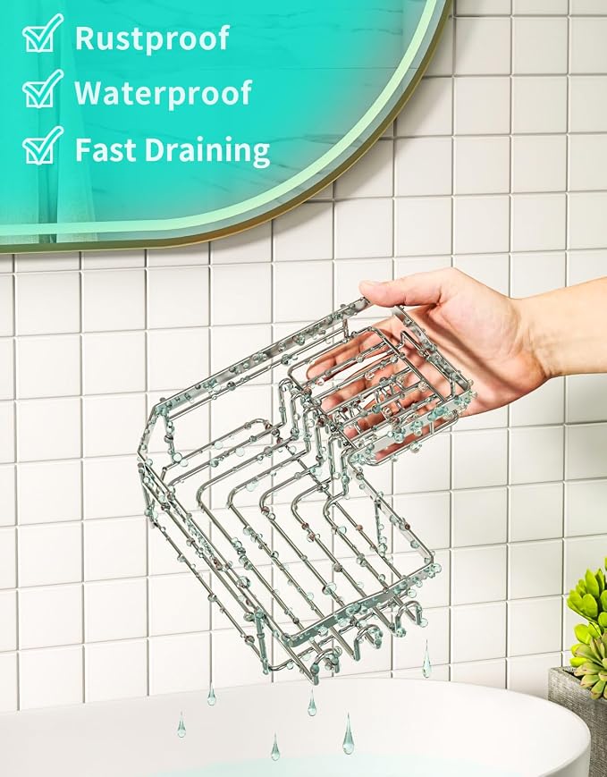 HapiRm Corner Shower Caddy Organizer - Shower Organizer Corner with Shampoo Holder and 11 Hooks, Rustproof Bathroom Shelf for 90° Right Angle - Silver
