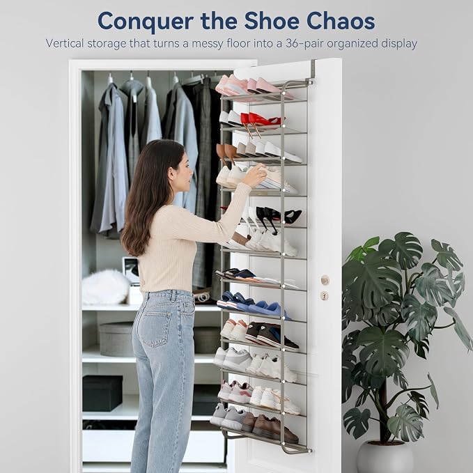 Whitmor 36 Pair Over The Door Shoe Organizer, 12 Tier Hanging Shoe Organizer, Heavy Duty Metal & Mesh Shoe Holder, Hanging Shoe Rack for Closet Organizer & Storage, 74" L x 21.7" W x 7.5" H, Mocha