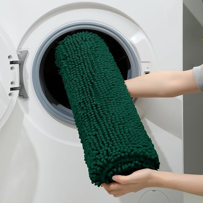 HOMEIDEAS 3 Pieces Bathroom Rugs, Ultra Soft Non Slip Absorbent Chenille Toilet Bath Mat Set (Dark Green)