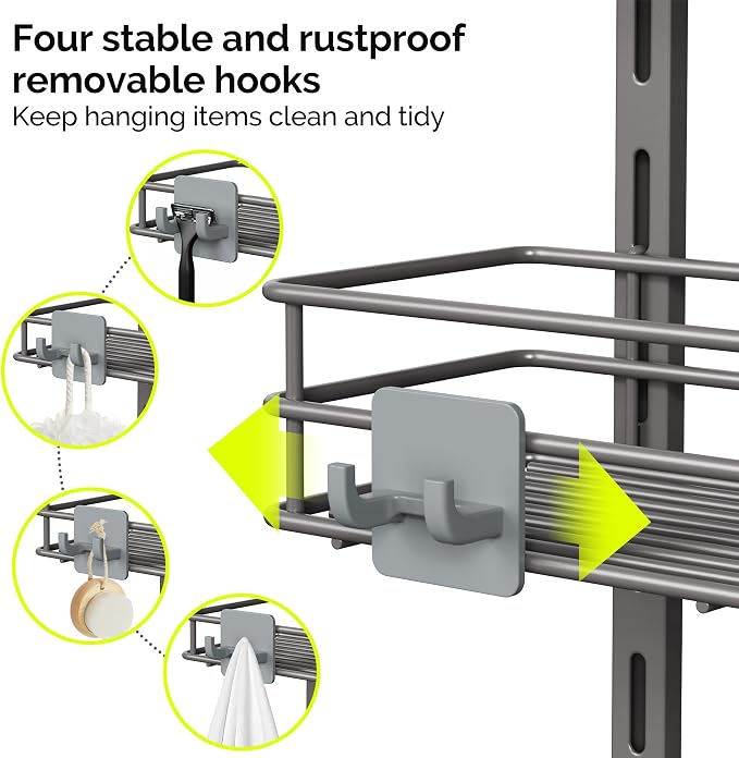Orimade Over the Door Shower Caddy Adjustable 3 Tier Dark Grey,Bathroom Hanging Organizer Shelf Rustproof with 4 Hooks,Shower Basket with Soap Holder and Suction Cup