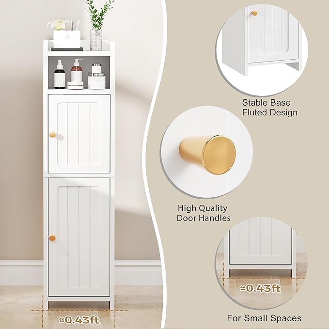 BEWISHOME Small Bathroom Cabinet, Bathroom Storage Cabinet with Adjustable Shelves & 2 Doors, Narrow Toilet Paper Cabinets, 7.9" D x 7.9" W x 31.5" H, for Small Spaces, White YYG03W