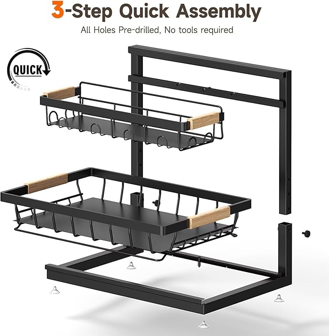 Sevenblue 2 Packs Under Sink Organizer, Height Adjustable 2 Tier Under Kitchen Sink Organizer, Multi-Purpose Storage Shelf for Kitchen Bathroom Cabinet (Black, Extra Large)