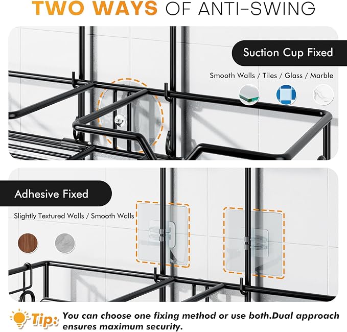 Adjustable Height Shower Caddy Hanging for Handheld Shower Heads, Shower Racks with Soap Holder 8 Hooks, No-Drilling, Anti-Swing, Bathroom Storage Shower Organizer