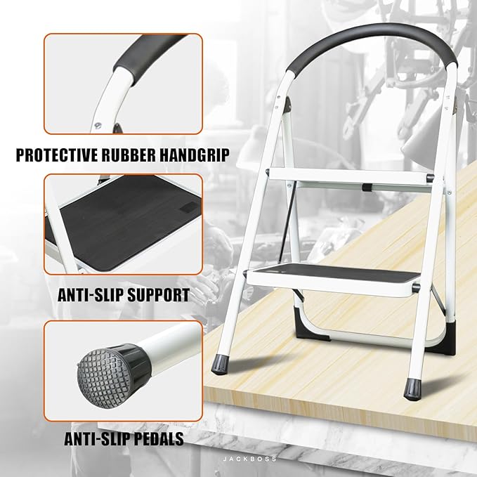 Jack Boss 2 Step Ladder, Folding Lightweight Step Stool with Wide Anti-Slip Pedal for Home, Office, Kitchen and Garage, Service Height 18.5 inch, 400 lbs Capacity