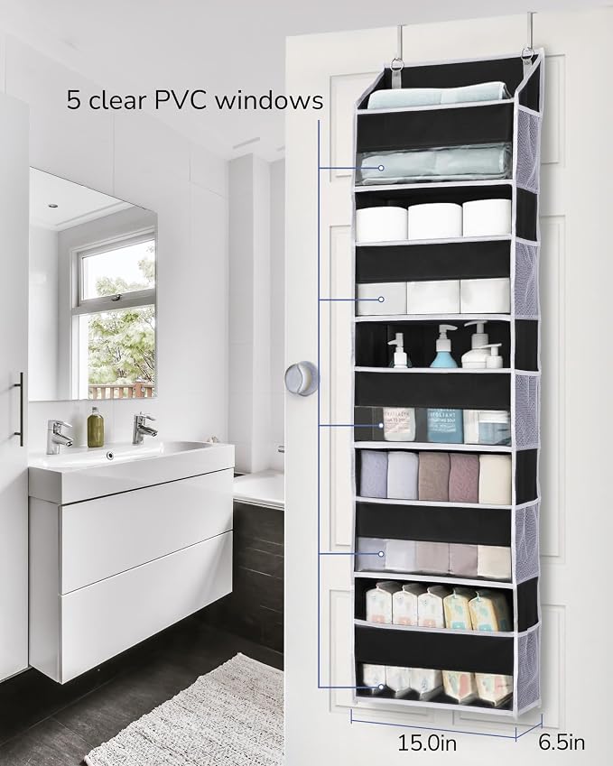ULG 1 Pack Over The Door Organizer – 5 Shelf Door Organizer Hanging & 10 Side Pockets, Reinforced 44LB Capacity Hanging Organizer, Behind The Door Storage for Bedroom, Nursery, Pantry (Black)