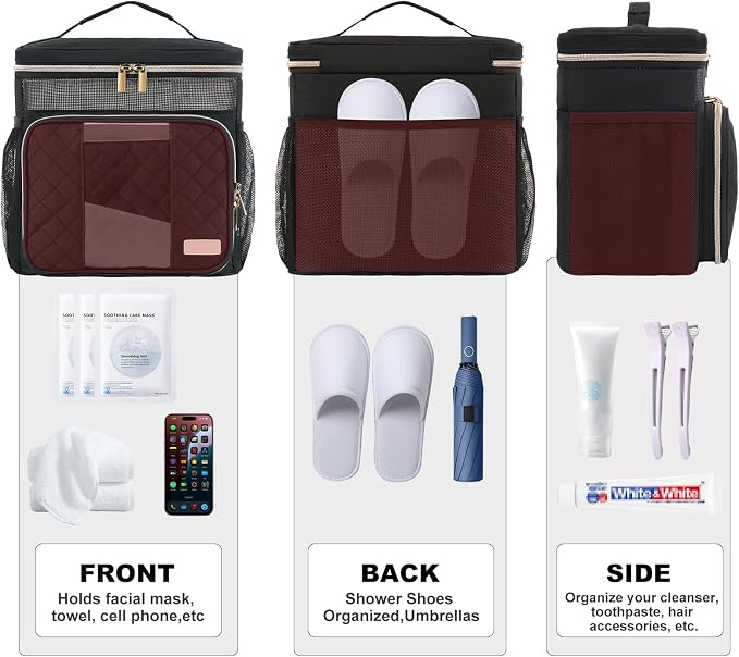 Portable Shower Caddy College Dorm Essentials (Full Size Bottle Compatible), Toiletry Bag for Women Men, Hanging Makeup Bag with Quickly Dry Mesh Base for Travel,Gym & Camping, Black