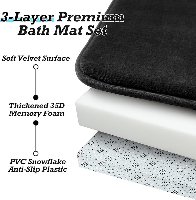 HUXMEYSON Bathroom Rugs Sets 3 Piece, Non-Slip & Quick Dry Bath Mat Set, Ultra Soft Velvet Bath Rugs for Bathroom, Toilet and Shower Floor, Black