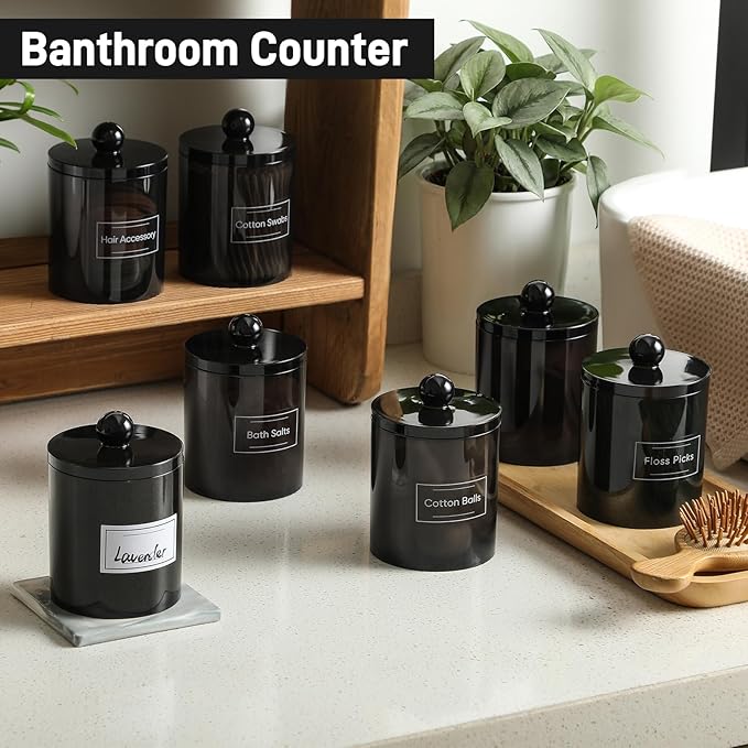 6 Pack Acrylic Qtip Holder Dispenser for Cotton Swabs, Balls, Pads, Floss Picks- Clear Plastic Canister Apothecary Jar Set, Bathroom Essentials Accessories Decor Vanity Makeup Storage Organizer -Black