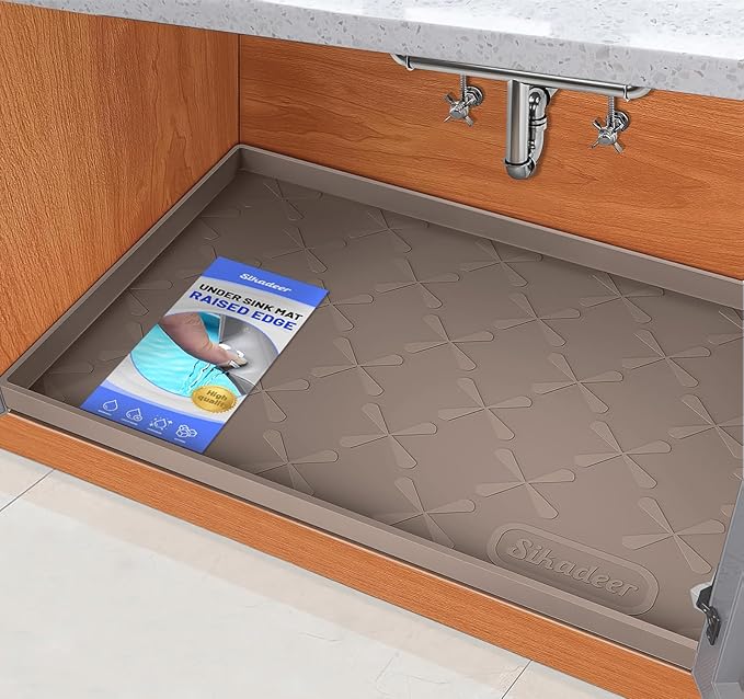 SIKADEER Waterproof Under Sink Mat 22x19, Raised Edge Silicone Mat Under Sink Shelf Liner, Sink Protector Kitchen Cabinet Tray for Bathroom Vanity and Small Cabinets, Cat Food Mat