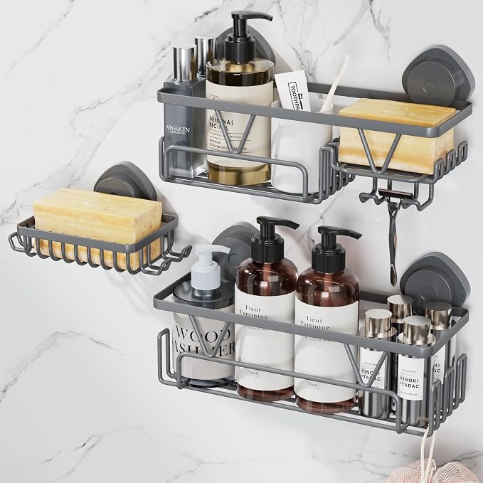 KEGII Suction Cup Shower Caddy – 3 Pack Suction Cup Shelf with Soap Holder & Hooks, Rustproof Stainless Steel Shower Organizer, Removable No Drilling Bathroom Storage Rack, Dark Gray