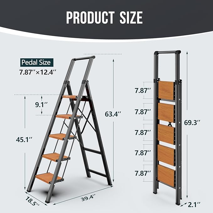 WOA WOA 5 Step Ladder, Ladders for Home, Anti-Slip Pedals, Aluminum Step Stool Foldable, Lightweight to Move, Ease of Storage, Reach 10ft for Closet Kitchen Library, Hold 300lbs - Black&Wood Grain