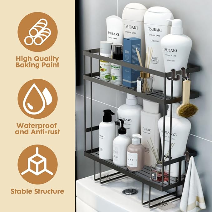PowerKing Over The Toilet Storage Shelf, 2-Tier Bathroom Organizer Rack with 2 Hooks, No-Drill, Rust-Resistant Steel, Toilet Paper Holder for Restroom Bathroom, Black