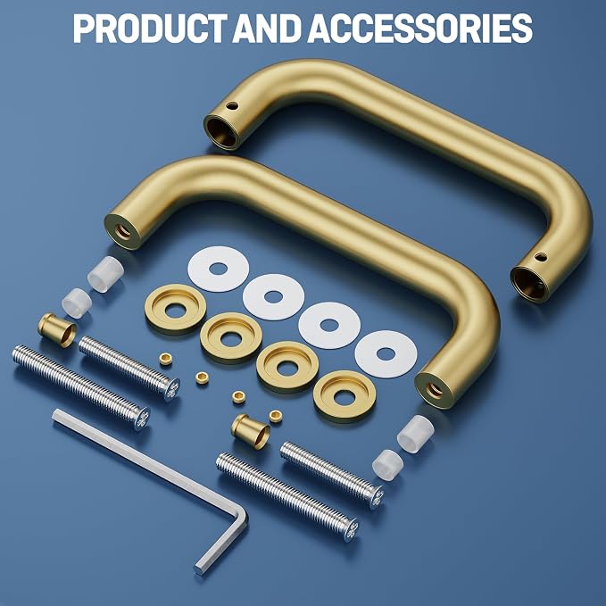 Ranbo Brass Gold 6" （CTC） Tubular Back-to-Back Shower Door Handle，3/4" Diameter Pull Handles with Metal Washers, for 1/4"- 3/4" Thick Glass and 1-3/8" - 2-1/6" Thick Wooden or Metal Doors