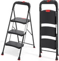 TOOLF 3 Step Ladder, Heavy Duty Step Stool with Tool Tray and Anti-Slip Wide Pedal, Portable Steel Folding Ladder for Home, Kitchen, 800 Lbs Capacity for Home & Industry, Black
