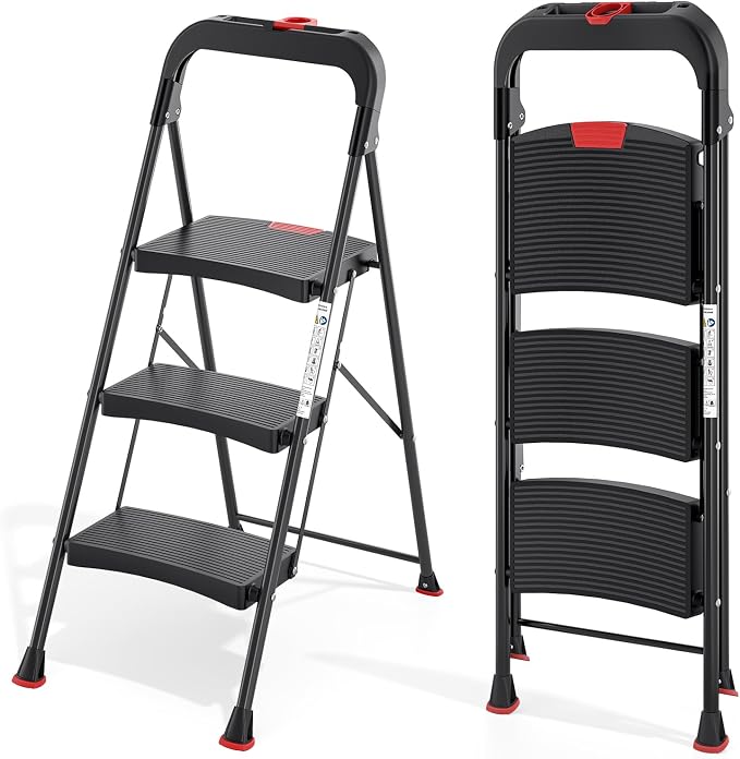 TOOLF 3 Step Ladder, Heavy Duty Step Stool with Tool Tray and Anti-Slip Wide Pedal, Portable Steel Folding Ladder for Home, Kitchen, 800 Lbs Capacity for Home & Industry, Black
