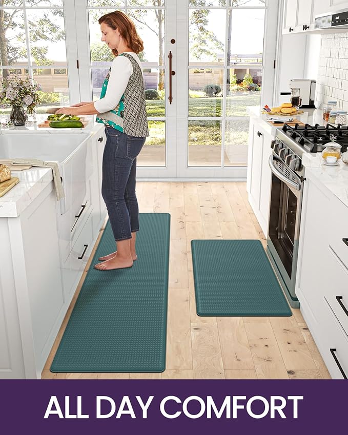 DEXI Kitchen Floor Mats Cushioned Anti Fatigue,17x29+17x59, Standing Runner Rug Waterproof, Comfort Memory Foam Padded for Front Sink Laundry Set of 2, Hunter Green