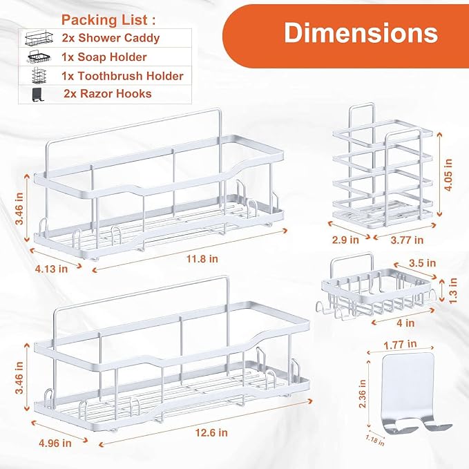 Shower Caddy Bathroom Shelves, The Athena Silken 4 Set, 40LB Capacity, Adhesive Tape -No Drill -Rustproof -Gorgeous Powder Coated 304 Stainless Steel Shower Organizer for kitchen & Home Decor - White