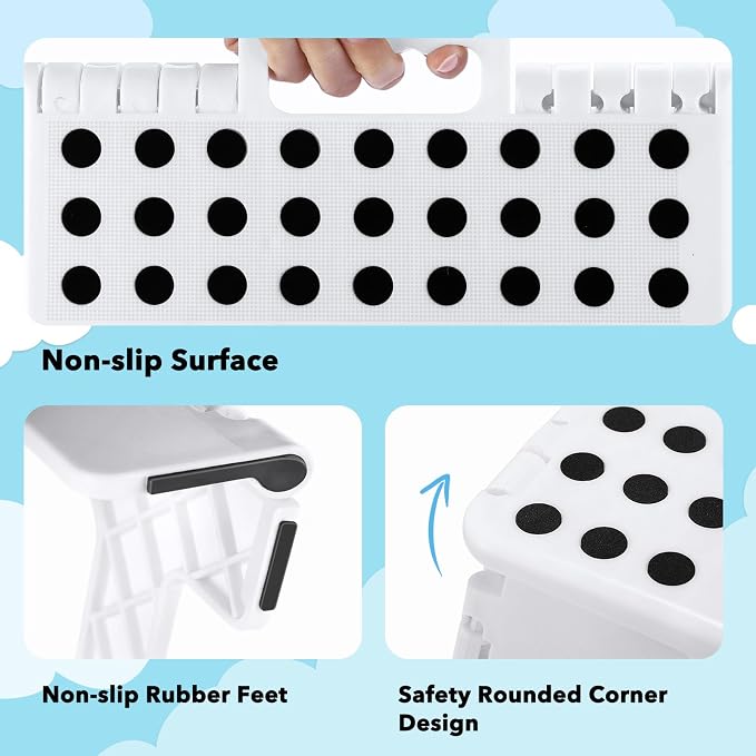 ACKO Folding Step Stool 9 Inch 300 lb Capacity, Plastic Foldable Step Stools for Kids and Adults, Folding Stools Suitable for Kitchen, Stepping Stool with Handle White 1PC