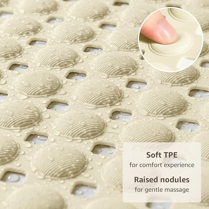 OTHWAY Bath Tub Shower Mat Non Slip, Bathtub Floor Liner Mats for Inside Shower Bathroom, Suction Cups and Drain Holes for Feet Scrubbing, Machine Washable, Soft on Feet, 35x16 Inch, Beige