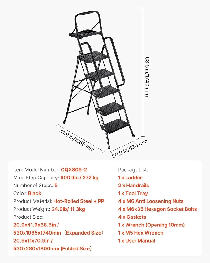 VEVOR 5 Step Ladder, Folding Step Stool with Wide Anti-Slip Pedal, Tool Tray, Dual Side Handrails, Portable Steel Ladder, Multi-Use for Kitchen, Home, Household and Office, Black
