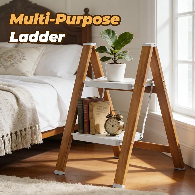 HBTower Step Ladder, Aluminum Foldable Step Stool with Anti-Slip Wide Pedal, Lightweight Step Ladder for Home Kitchen Office - WhiteWoodgrain