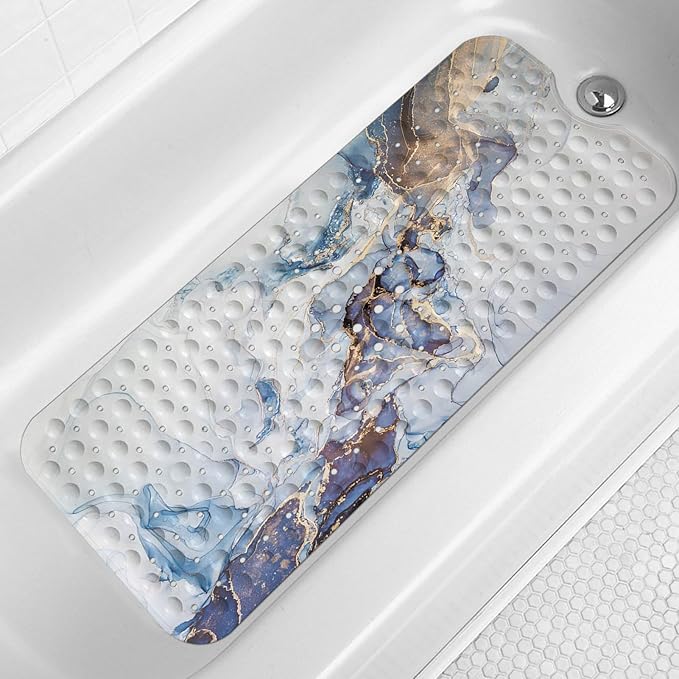 LNOND Marble Bath Tub Mat Non Slip, Extra Long 40 X 16 Inch Anti Slip Mat for Bathtub, White Blue Gold Marble Shower Mat with Drain Holes and Suction Cups, Machine Washable