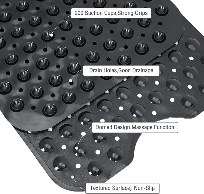 Extra Long Black Bathtub Mat Non Slip, Soft Bath Mat for Tub 40 x 16 Inch Full Size, Bath Tub Shower Mats for Bathroom Floor with Big Suction Cups and Drain Holes, Easy Washable, BPA Free
