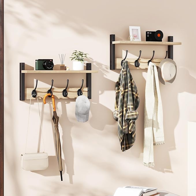 YMYNY 31.5" Coat Rack Wall Mount with Shelf, 2 in 1 Key and Coat Hanger with 8 Metal Hooks, Wall Shelf with Hooks & Mail Holder for Living Room, Bedroom, Light Natural, HWS001R-2